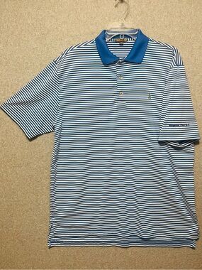 Peter Millar Summer Comfort Polo Golf Polo Shirt Blue White Striped LOGO